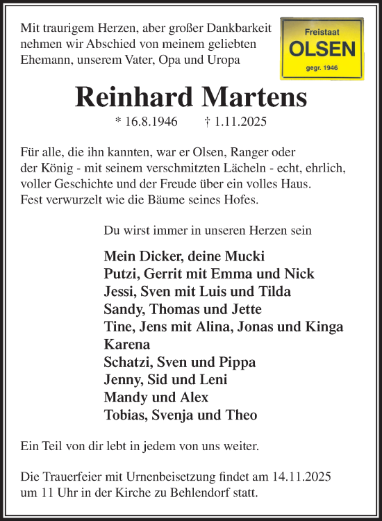 Traueranzeige von Reinhard Martens von MARKT Ratzeburg/Mölln