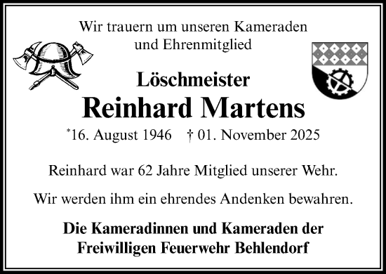 Traueranzeige von Reinhard Martens von MARKT Ratzeburg/Mölln