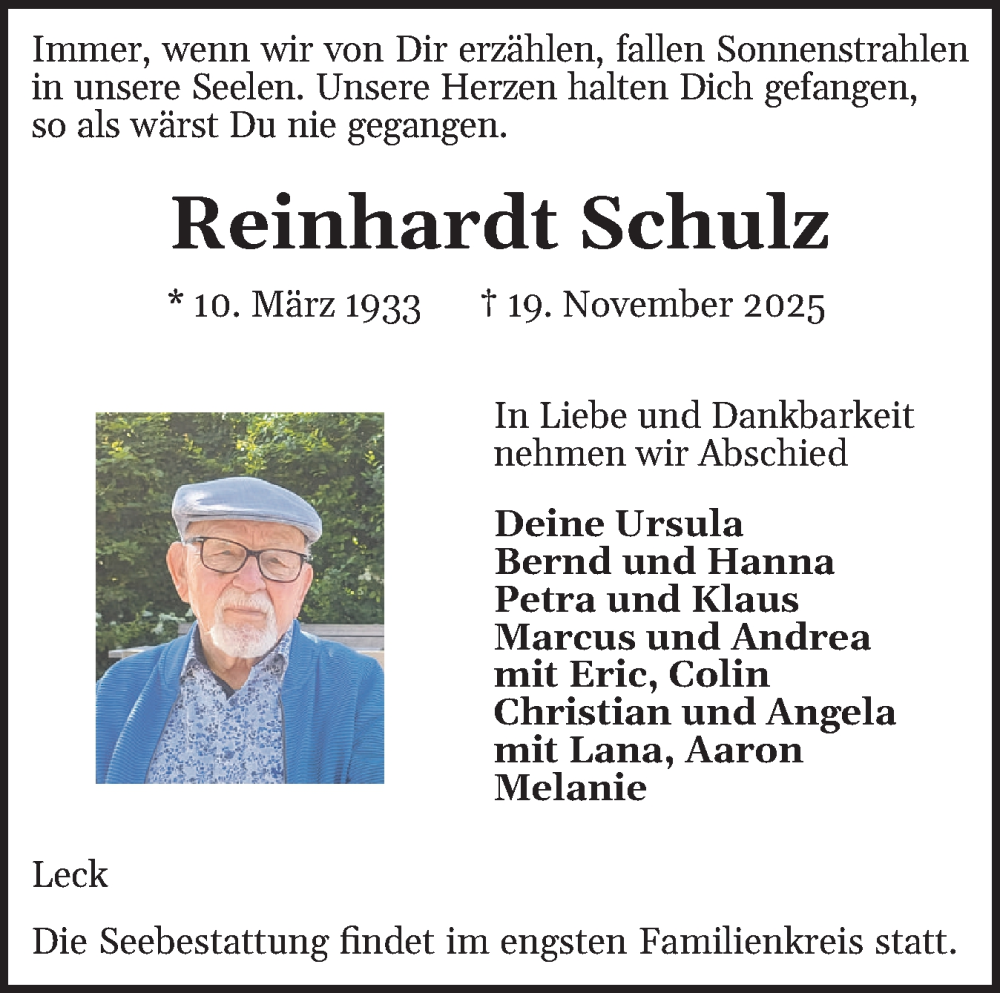  Traueranzeige für Reinhardt Schulz vom 29.11.2025 aus Husumer Nachrichten, Nordfriesland Tageblatt