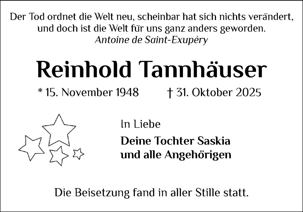  Traueranzeige für Reinhold Tannhäuser vom 15.11.2025 aus Schleswiger Nachrichten, Schlei-Bote