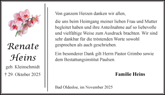 Traueranzeige von Renate Heins von MARKT Bad Oldesloe/Reinfeld und Stormarner Tageblatt