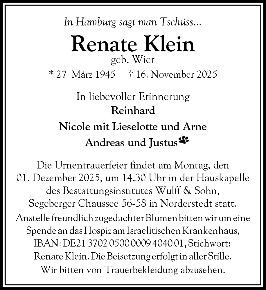  Traueranzeige für Renate Klein vom 22.11.2025 aus Heimatspiegel