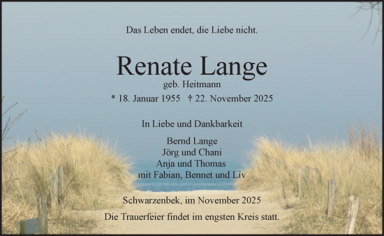 Traueranzeige von Renate Lange von Wochenend Anzeiger