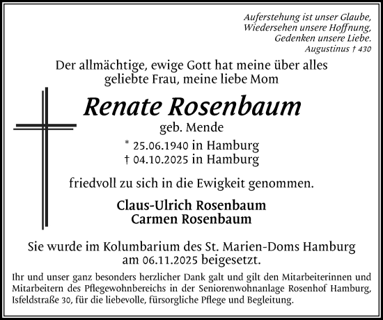 Traueranzeige von Renate Rosenbaum von Uetersener Nachrichten, Der tip am Wochenende
