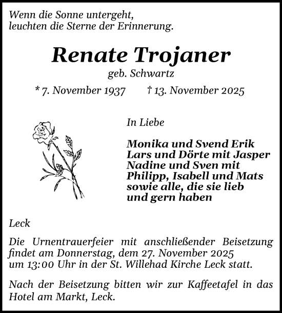 Traueranzeige von Renate Trojaner von Husumer Nachrichten, Nordfriesland Tageblatt