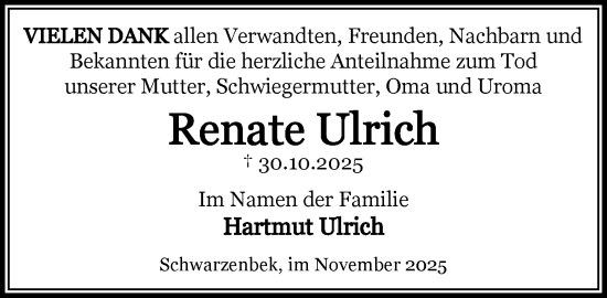 Traueranzeige von Renate Ulrich von Wochenend Anzeiger