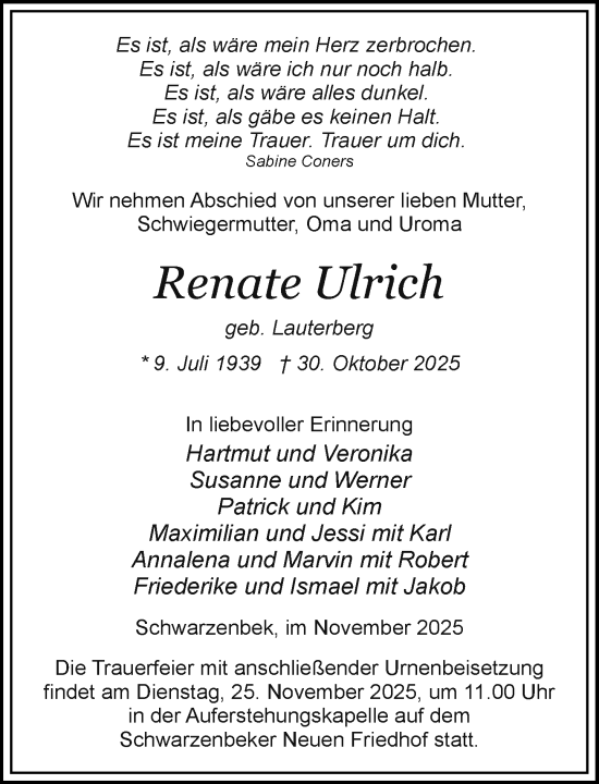 Traueranzeige von Renate Ulrich von Wochenend Anzeiger