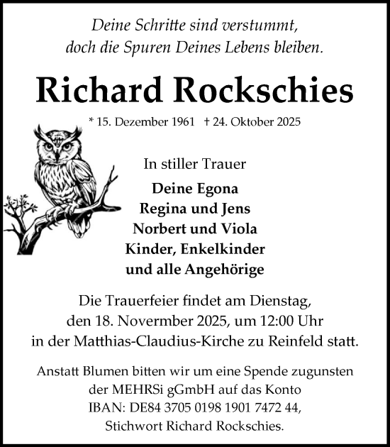 Traueranzeige von Richard Rockschies von MARKT Bad Oldesloe/Reinfeld und Stormarner Tageblatt