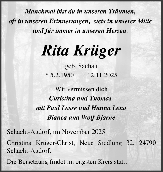 Traueranzeige von Rita Krüger von Schleswig-Holsteinische Landeszeitung