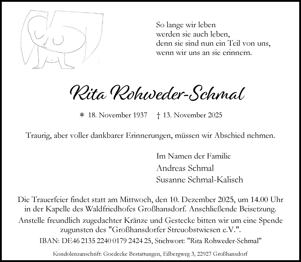  Traueranzeige für Rita Rohweder-Schmal vom 29.11.2025 aus MARKT Ahrensburg/Bargteheide/Trittau und Stormarner Tageblatt
