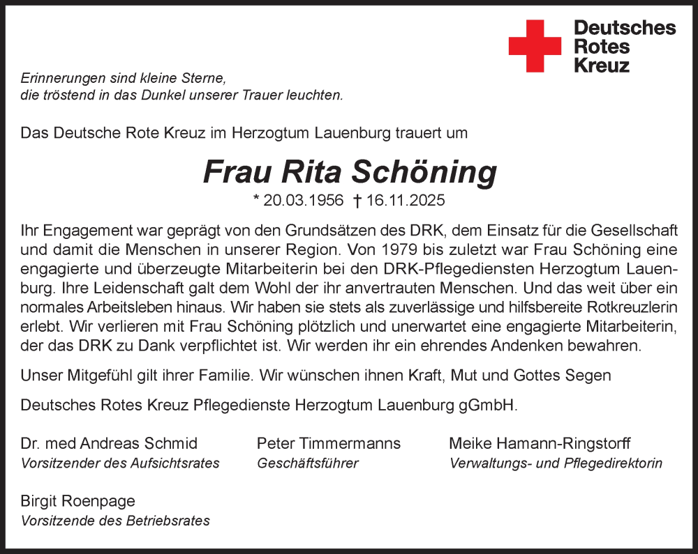  Traueranzeige für Rita Schöning vom 29.11.2025 aus MARKT Ratzeburg/Mölln