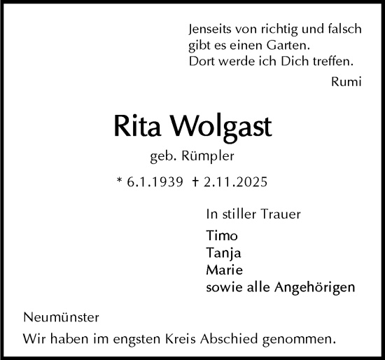 Traueranzeige von Rita Wolgast von Holsteinischer Courier