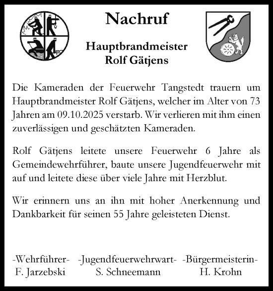 Traueranzeige von Rolf Gätjens von Region Pinneberg und tip Pinneberg