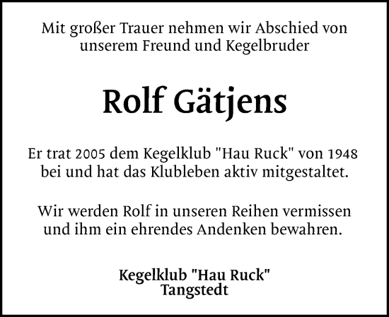 Traueranzeige von Rolf Gätjens von Region Pinneberg und tip Pinneberg