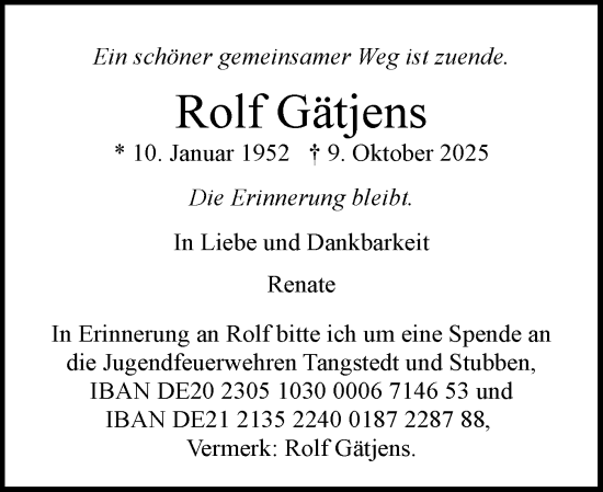 Traueranzeige von Rolf Gätjens von Region Pinneberg und tip Pinneberg