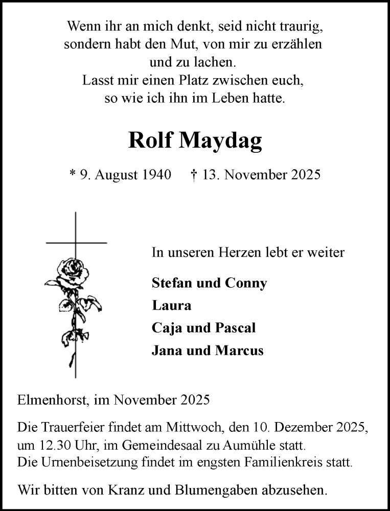  Traueranzeige für Rolf Maydag vom 29.11.2025 aus Wochenend Anzeiger