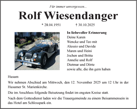 Traueranzeige von Rolf Wiesendanger von Husumer Nachrichten, Nordfriesland Tageblatt