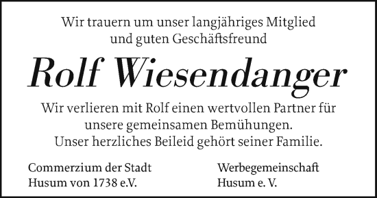 Traueranzeige von Rolf Wiesendanger von Husumer Nachrichten, Nordfriesland Tageblatt