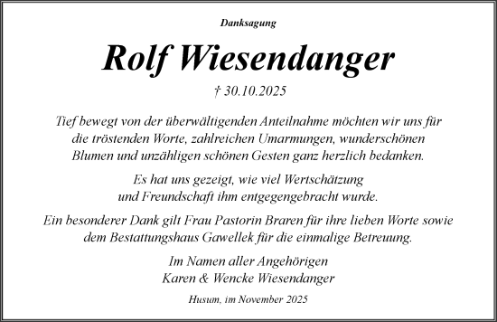 Traueranzeige von Rolf Wiesendanger von Husumer Nachrichten, Nordfriesland Tageblatt