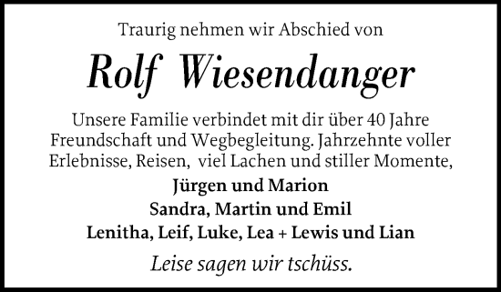 Traueranzeige von Rolf Wiesendanger von Husumer Nachrichten, Nordfriesland Tageblatt