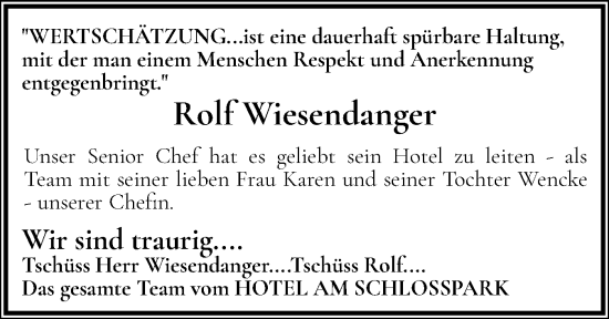 Traueranzeige von Rolf Wiesendanger von Husumer Nachrichten, Nordfriesland Tageblatt