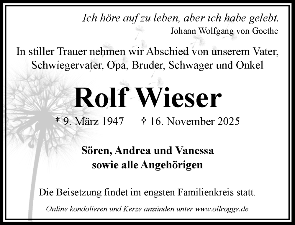  Traueranzeige für Rolf Wieser vom 29.11.2025 aus Wochenend Anzeiger