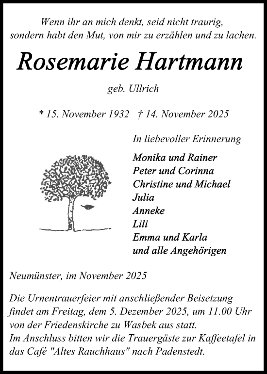 Traueranzeige von Rosemarie Hartmann von Holsteinischer Courier