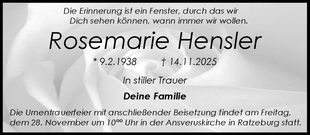  Traueranzeige für Rosemarie Hensler vom 22.11.2025 aus MARKT Ratzeburg/Mölln