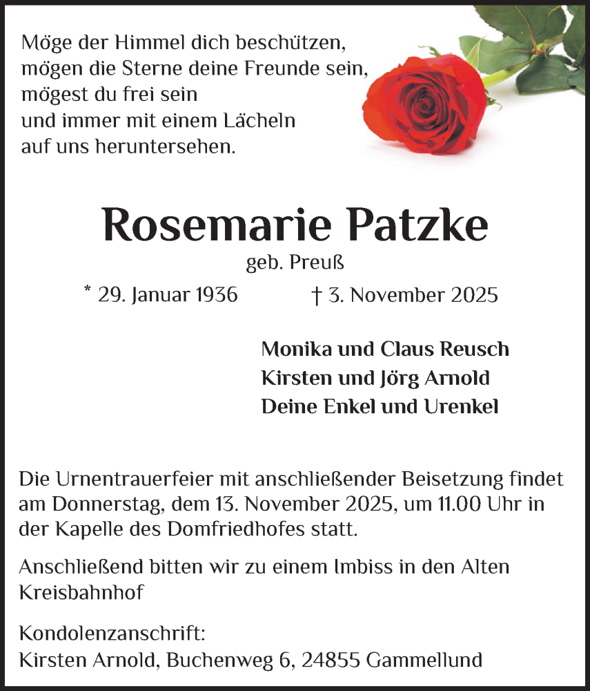  Traueranzeige für Rosemarie Patzke vom 08.11.2025 aus Schleswiger Nachrichten, Schlei-Bote