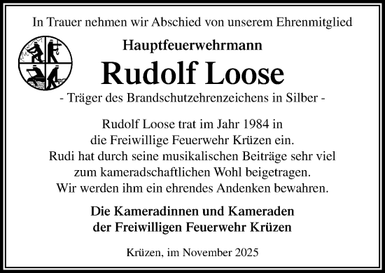 Traueranzeige von Rudolf Loose von Wochenend Anzeiger