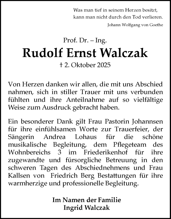 Traueranzeige von Rudolf Ernst Walczak von Flensburger Tageblatt