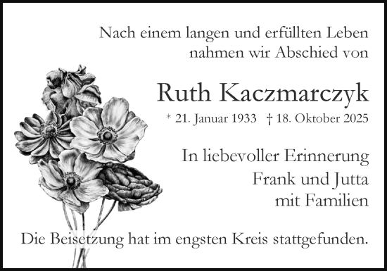 Traueranzeige von Ruth Kaczmarczyk von Region Pinneberg und tip Pinneberg