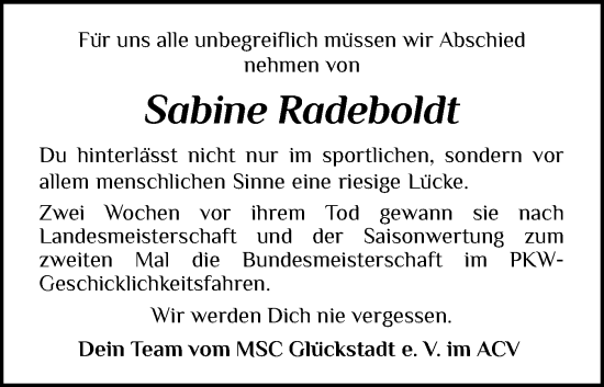 Traueranzeige von Sabine Radeboldt von Norddeutsche Rundschau, Wilstersche Zeitung, Glückstädter Fortuna