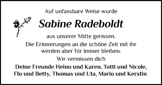 Traueranzeige von Sabine Radeboldt von Norddeutsche Rundschau, Wilstersche Zeitung, Glückstädter Fortuna