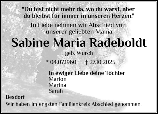 Traueranzeige von Sabine Maria Radeboldt von Norddeutsche Rundschau, Wilstersche Zeitung, Glückstädter Fortuna