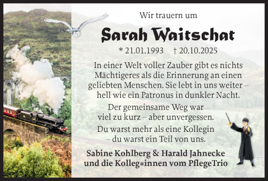 Traueranzeige von Sarah Waitschat von Holsteinischer Courier