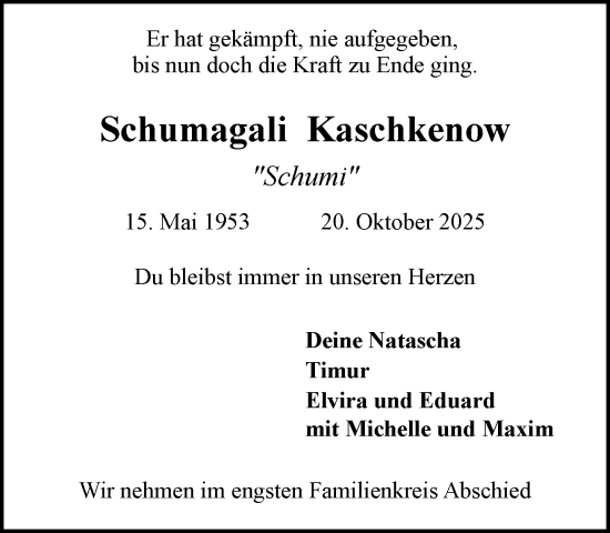 Traueranzeige von Schumagali Kaschkenow von MARKT Glinde/Reinfeld