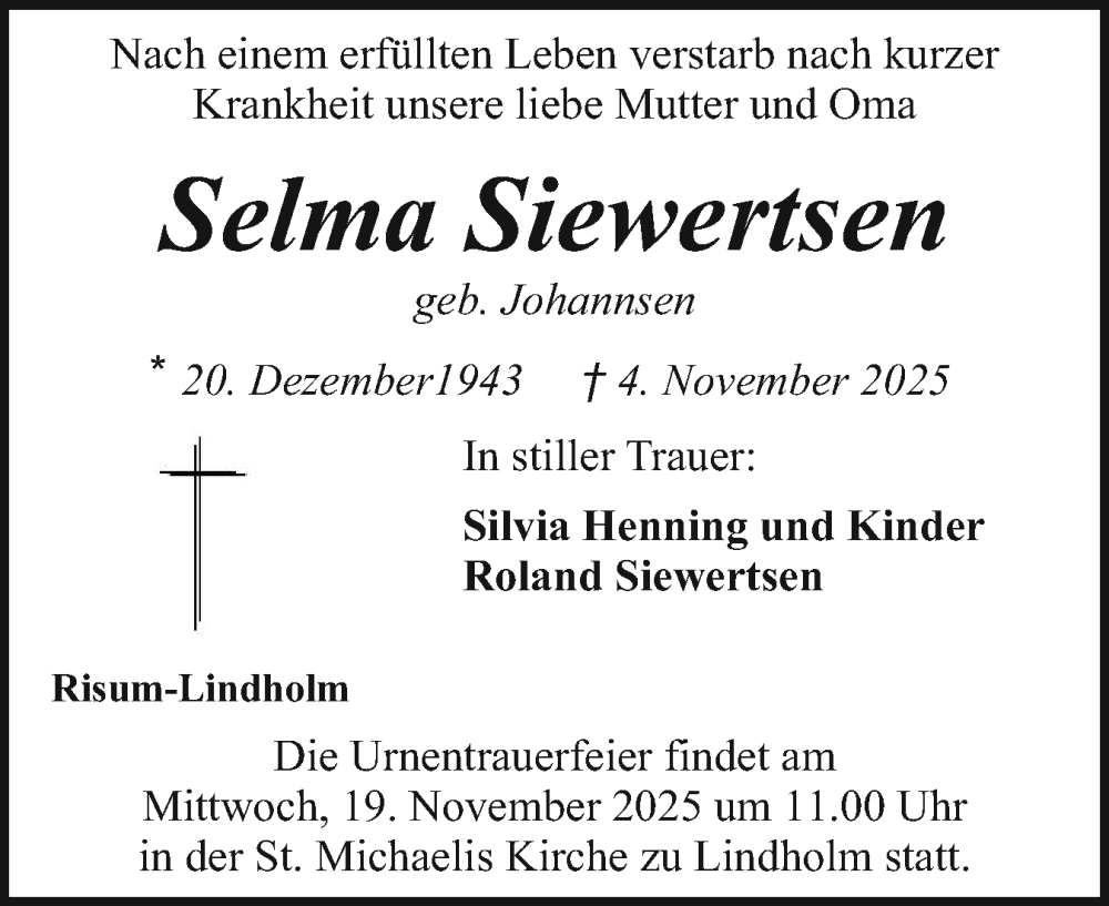  Traueranzeige für Selma Siewertsen vom 08.11.2025 aus Husumer Nachrichten, Nordfriesland Tageblatt