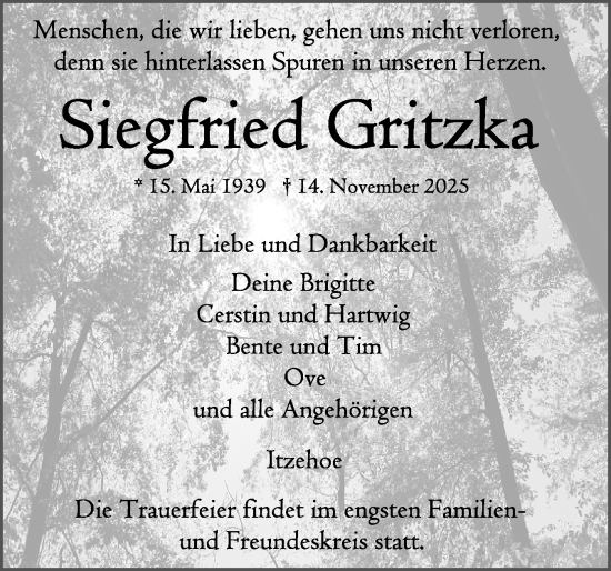Traueranzeige von Siegfried Gritzka von Norddeutsche Rundschau, Wilstersche Zeitung, Glückstädter Fortuna