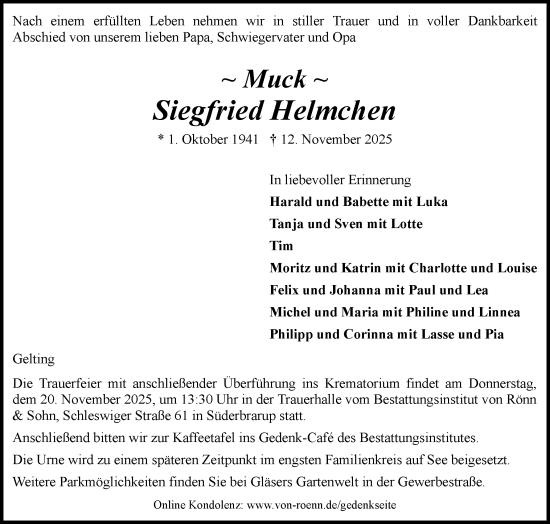 Traueranzeige von Siegfried Helmchen von Schleswiger Nachrichten, Schlei-Bote