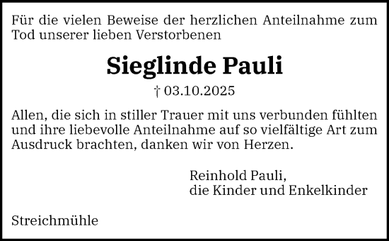 Traueranzeige von Sieglinde Pauli von Flensburger Tageblatt