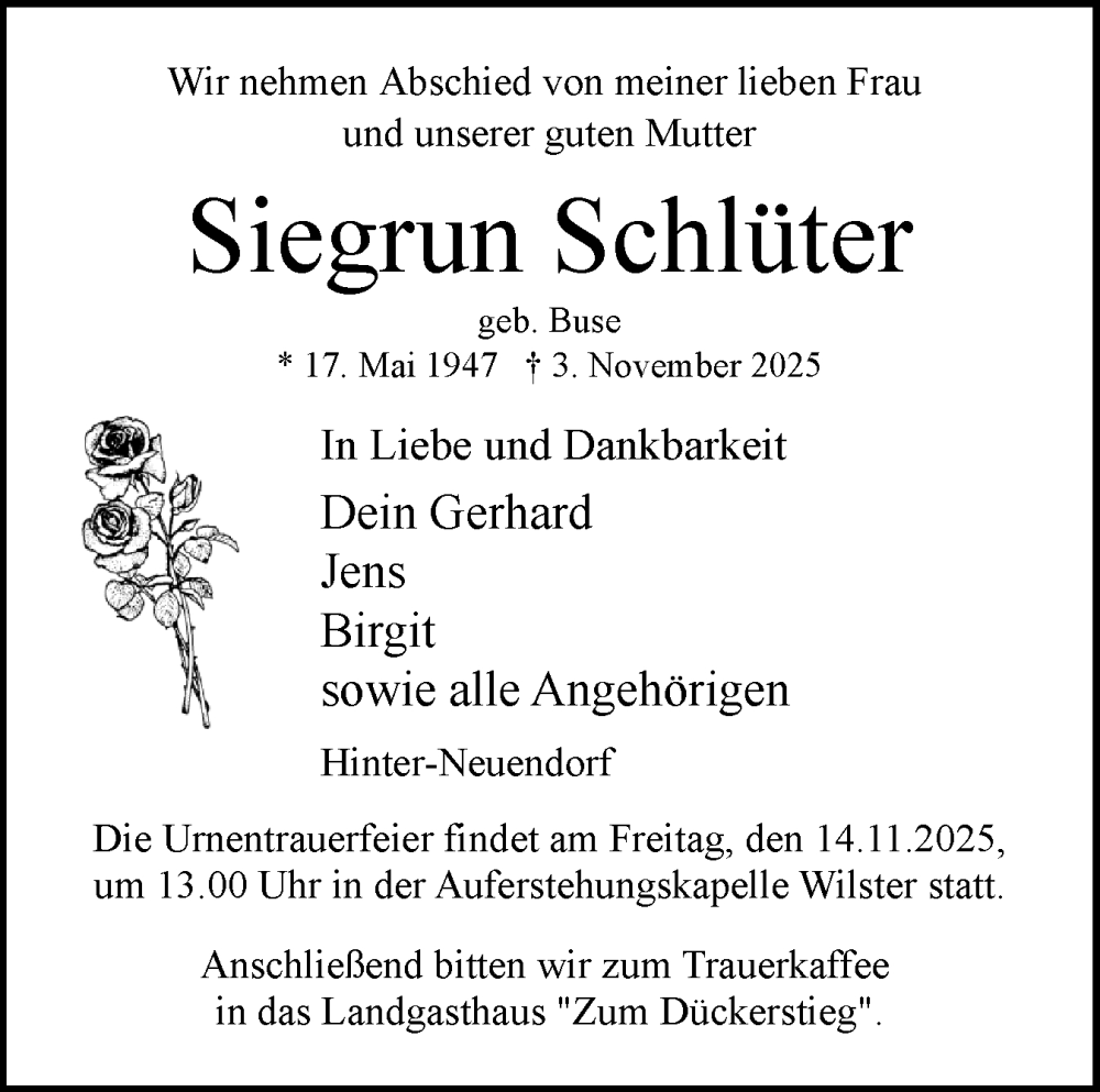  Traueranzeige für Siegrun Schlüter vom 08.11.2025 aus Norddeutsche Rundschau, Wilstersche Zeitung, Glückstädter Fortuna