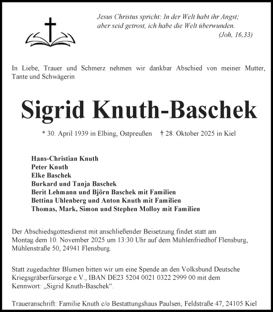 Traueranzeige von Sigrid Knuth-Baschek von Schleswiger Nachrichten, Schlei-Bote