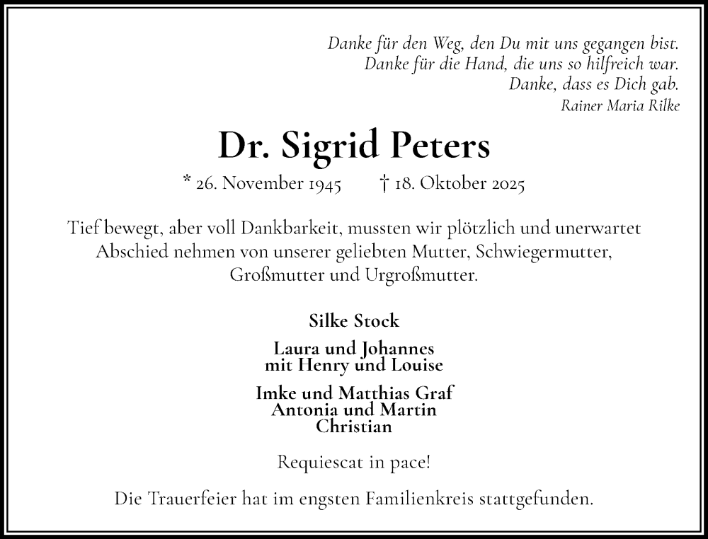  Traueranzeige für Sigrid Peters vom 15.11.2025 aus Elmshorner Nachrichten, Barmstedter Zeitung