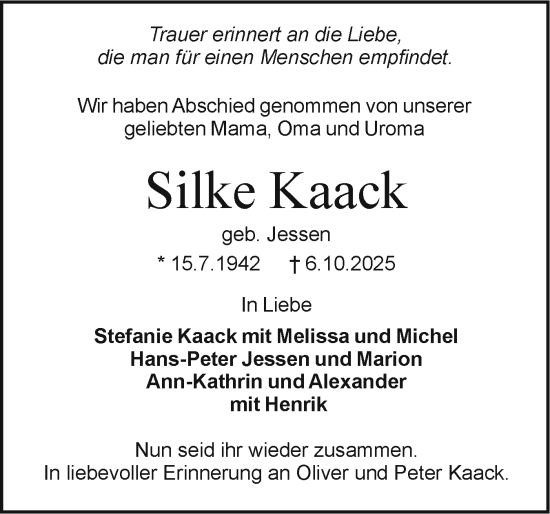 Traueranzeige von Silke Kaack von Holsteinischer Courier