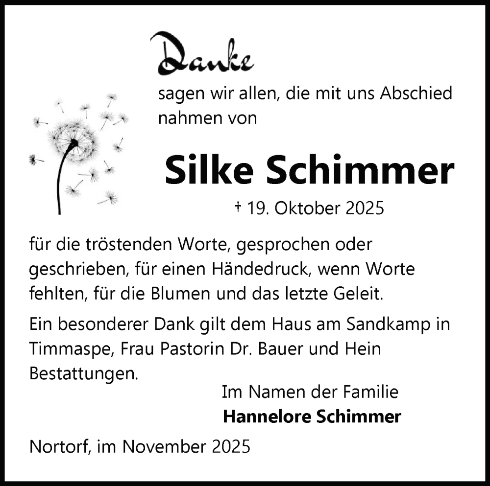  Traueranzeige für Silke Schimmer vom 15.11.2025 aus Schleswig-Holsteinische Landeszeitung