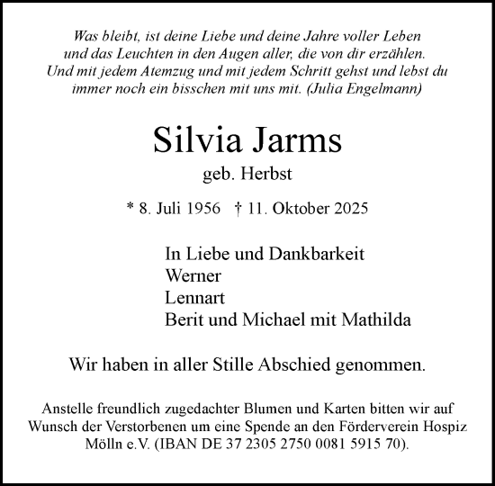 Traueranzeige von Silvia Jarms von MARKT Ratzeburg/Mölln