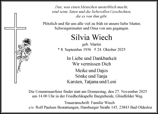 Traueranzeige von Silvia Wiech von MARKT Bad Oldesloe/Reinfeld, MARKT Ahrensburg/Bargteheide/Trittau und Stormarner Tageblatt