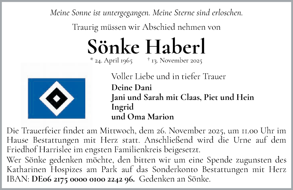  Traueranzeige für Sönke Haberl vom 22.11.2025 aus Flensburger Tageblatt