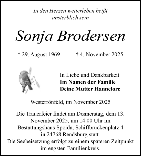 Traueranzeige von Sonja Brodersen von Schleswig-Holsteinische Landeszeitung